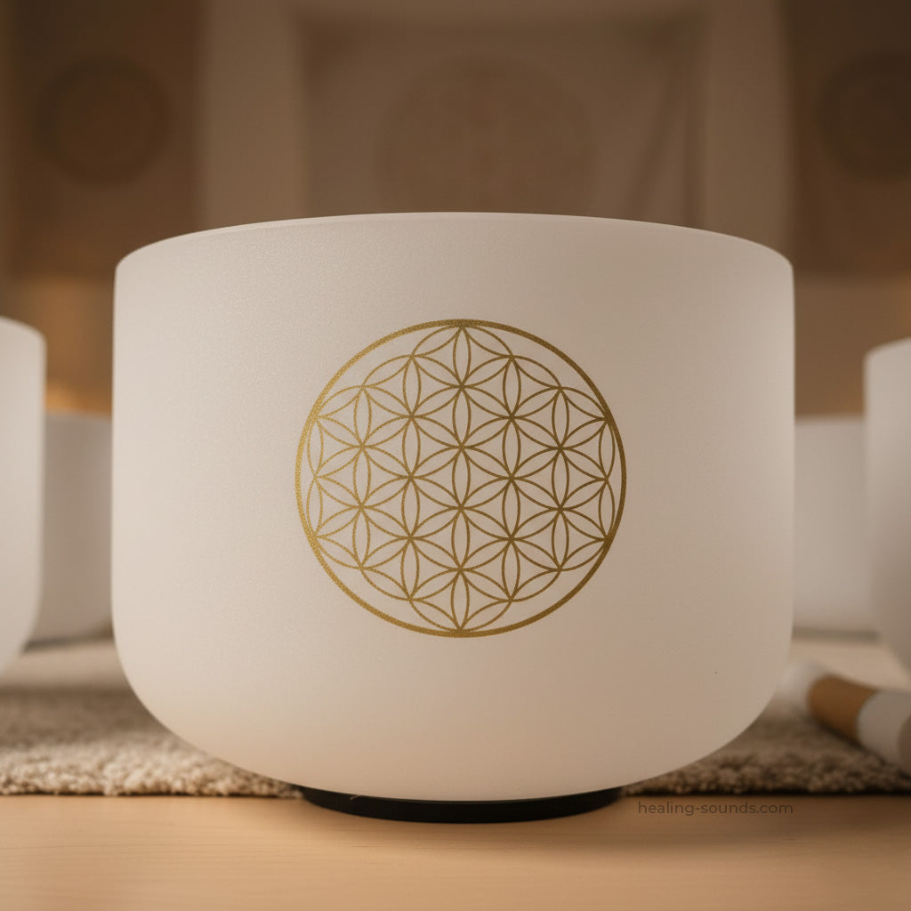 Ensemble de bols chantants en cristal de quartz Fleur de vie pour une méditation profonde