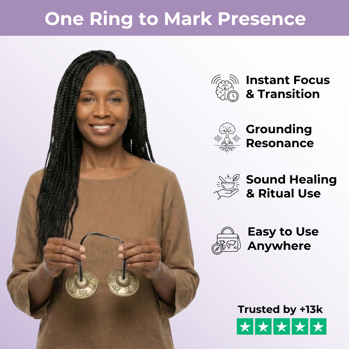 Cloche Tingsha en cuivre avec six mots vrais | Outil de méditation