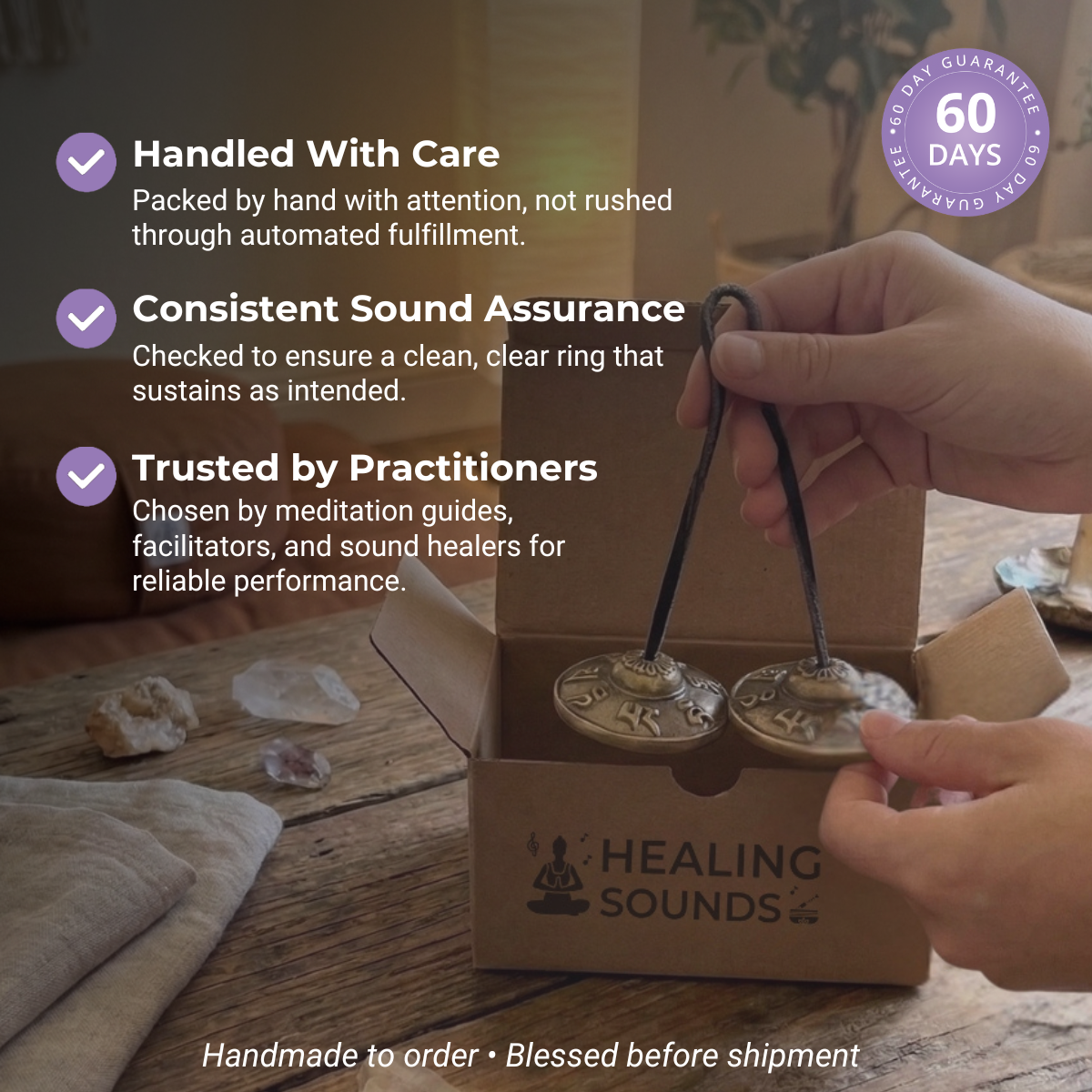 Cloche Tingsha en cuivre avec six mots vrais | Outil de méditation