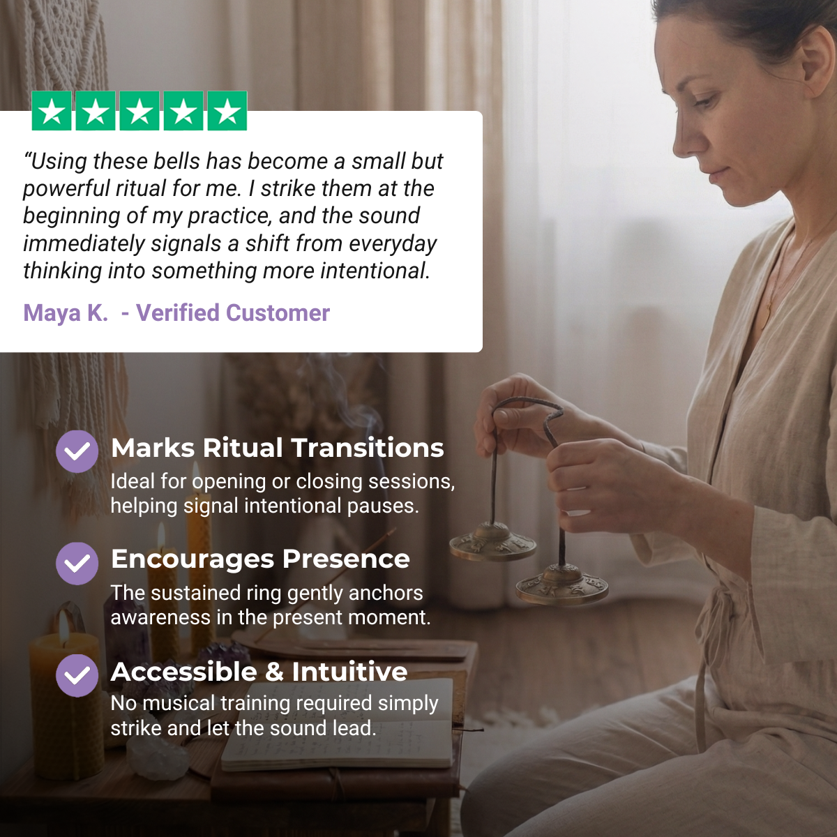 Cloche Tingsha en cuivre avec six mots vrais | Outil de méditation
