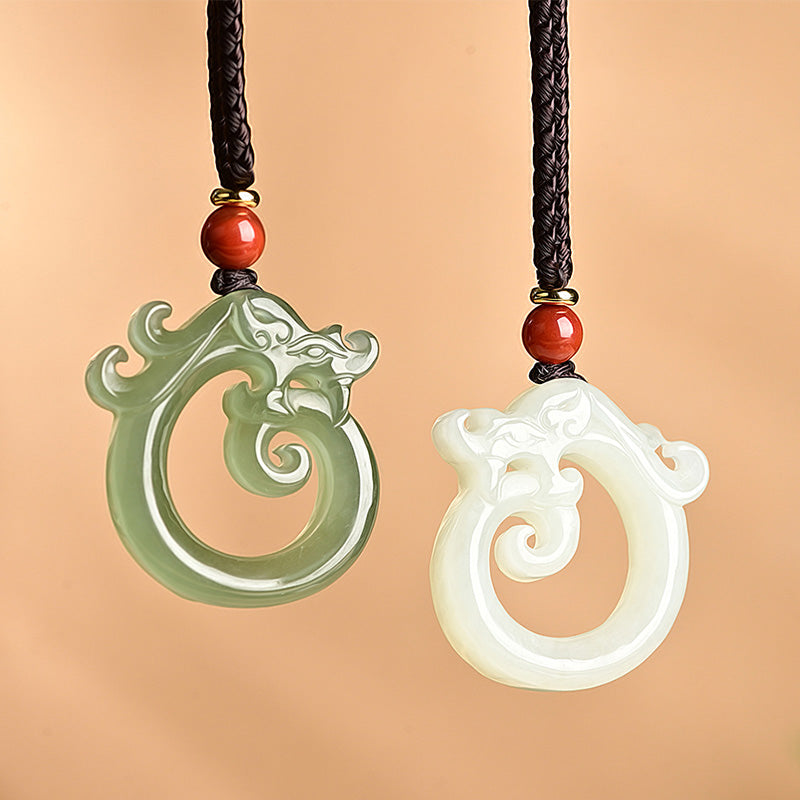 Cyan & White Jade Dragon Protection Necklace 50cm