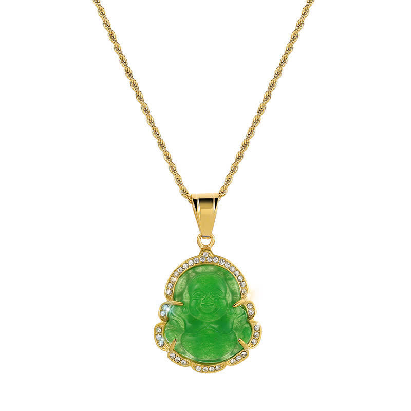 Gold Filled Laughing Buddha Jade Necklace Pendant for Luck