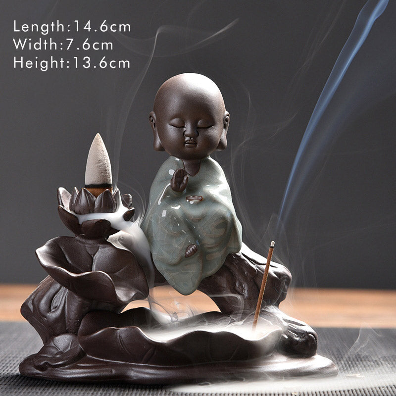 Ceramic Lotus Blessing Incense Burner with Little Monk