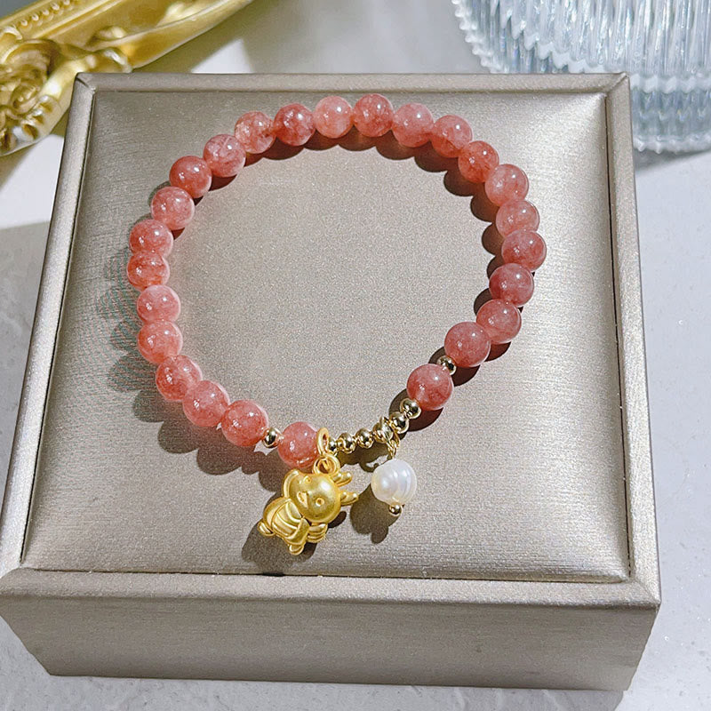 Strawberry Quartz Dragon Pearl Charm Protection Bracelet