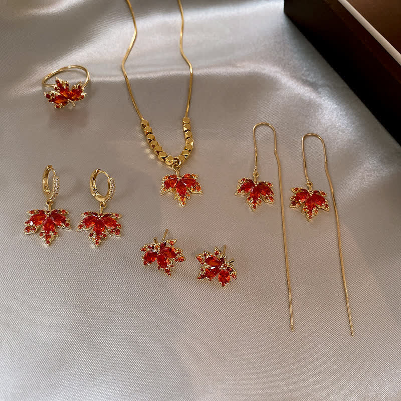 Copper Maple Leaf Zircon Necklace Pendant Ring Earrings for Luck