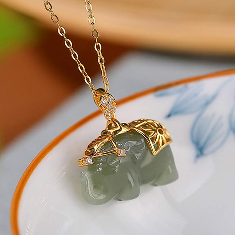 Jade Necklace with Sterling Silver Elephant Pendant for Prosperity