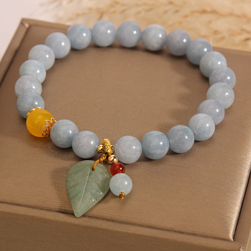 8mm Aquamarine Jade Leaf Healing Charm Bracelet