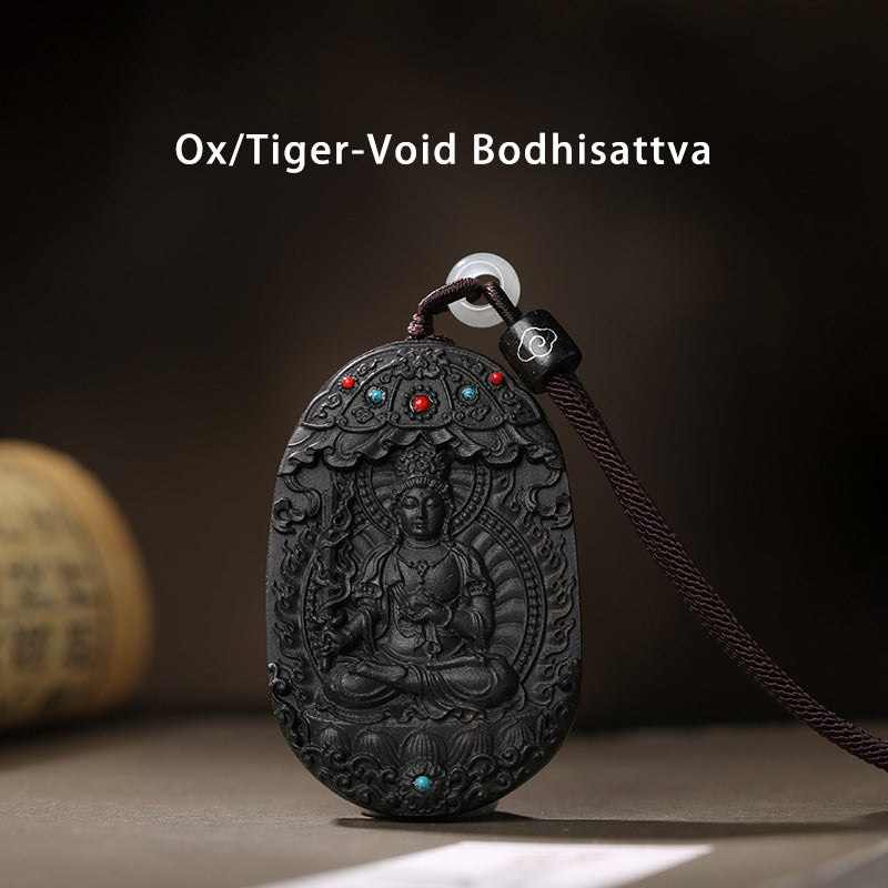 Collier en bois d'agar avec pendentif Om Mani Padme Hum et signe du zodiaque chinois