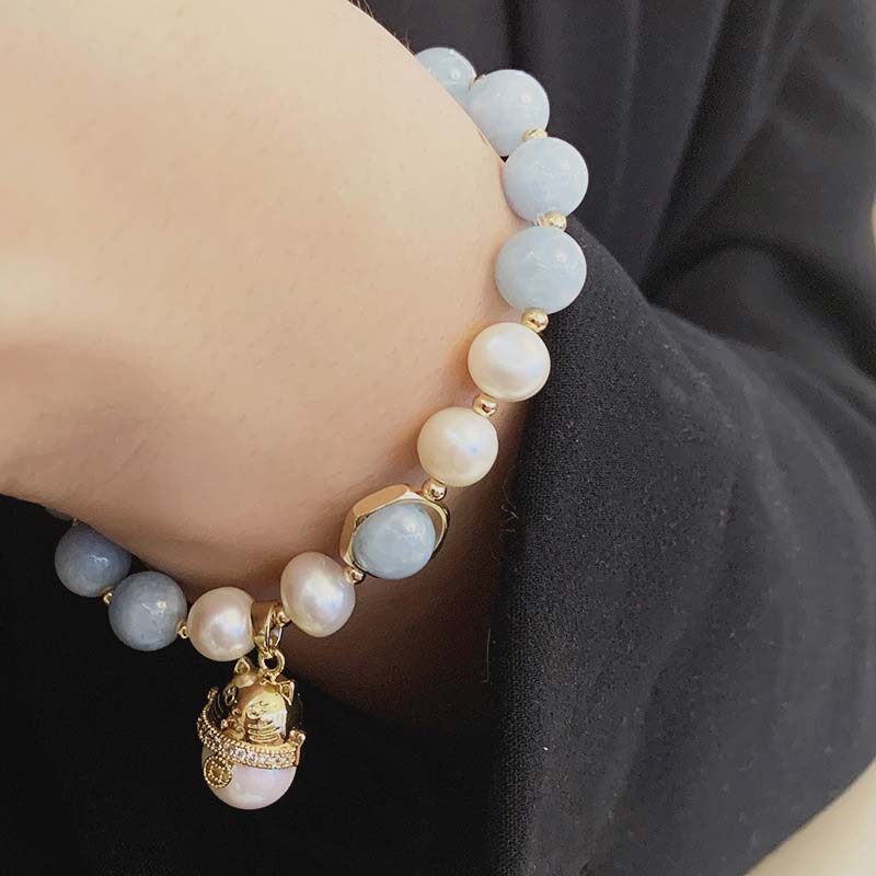 8mm Aquamarine Pearl Peace Healing Charm Bracelet