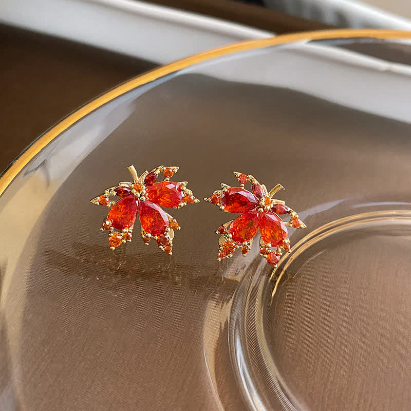 Copper Maple Leaf Zircon Necklace Pendant Ring Earrings for Luck
