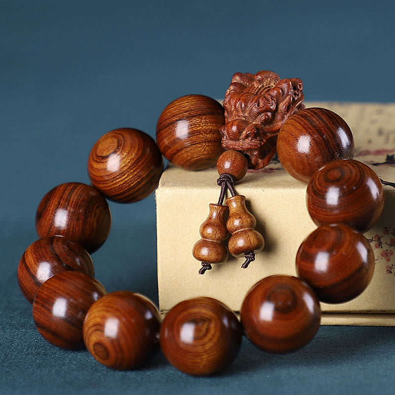 Dragon Carved Protection Bracelet in Rosewood & Sandalwood 20mm Beads