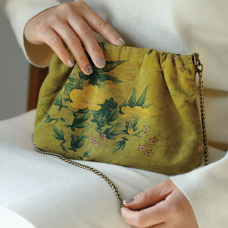 Yellow Green Flower Cotton Crossbody Bag 16x22cm