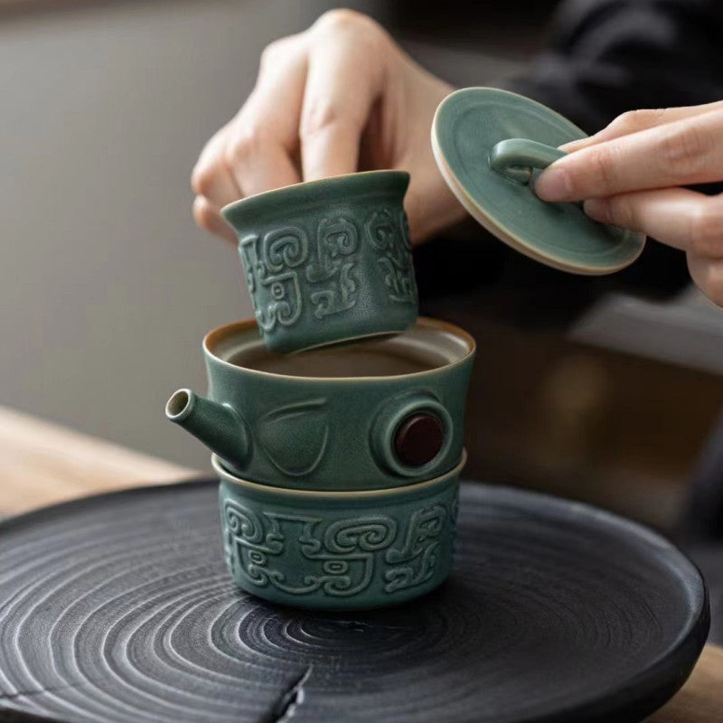 Service à thé chinois en céramique Sanxingdui | Cadeau Kung Fu