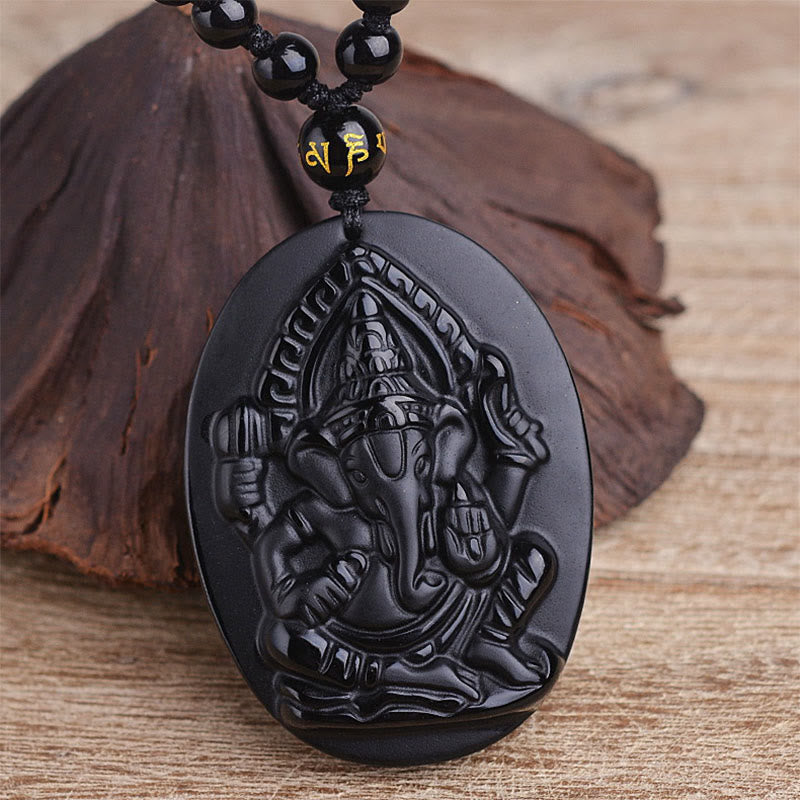 Obsidian Ganesh Elephant Wealth Amulet Necklace 56cm