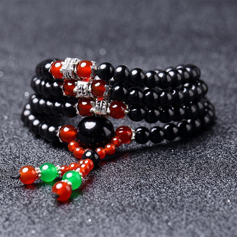6mm Black Obsidian & Tiger Eye Mala Bracelet for Protection