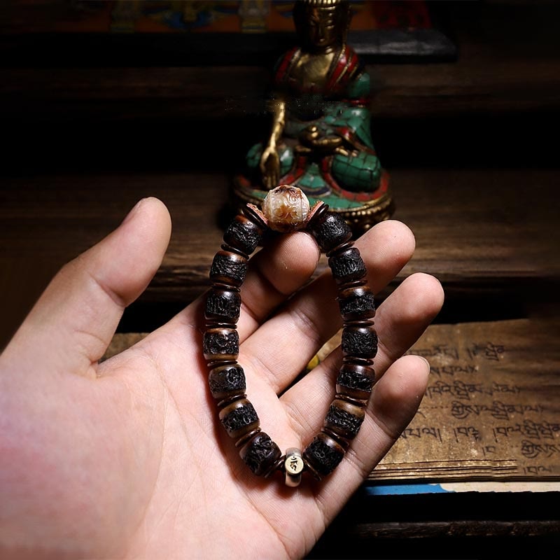Bracelet en argent sterling avec os de yak et signe du zodiaque chinois, épaisseur 14 mm