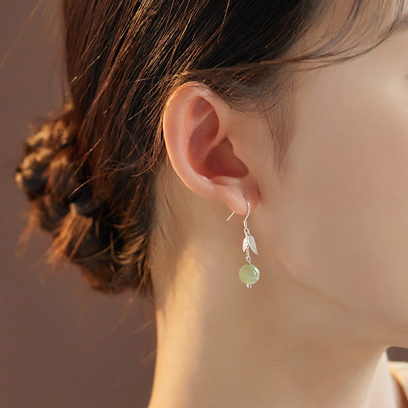 999 Sterling Silver Hetian Jade Bamboo Leaf Luck Drop Earrings