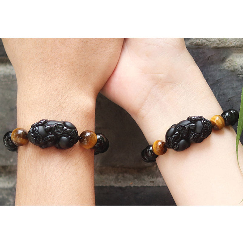 10mm Pixiu Bracelet with Rainbow Obsidian & Tiger Eye for Wealth