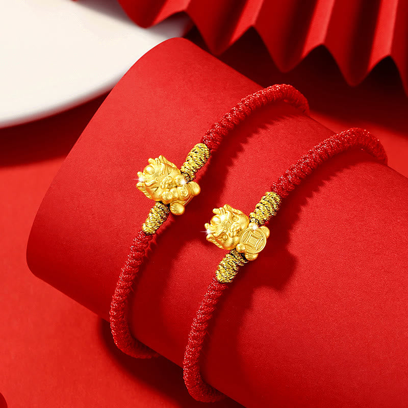 999 Sterling Silver Dragon Bracelet with Red String for Luck