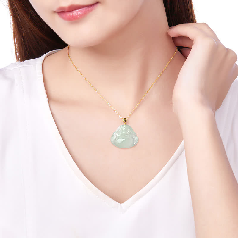 Collier pendentif Bouddha rieur en jade, or 18 carats, pour l'abondance