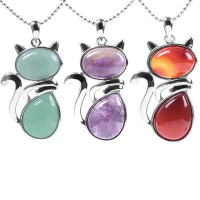 Collier en cristal d'aventurine verte | Pendentif chat protecteur