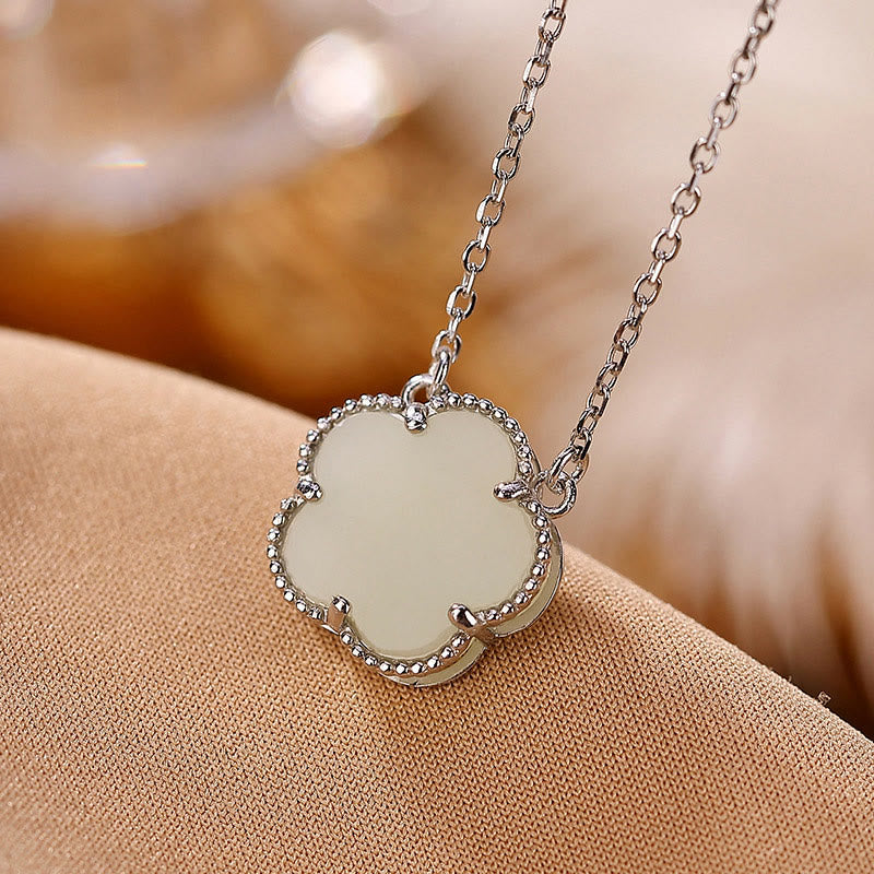 Hetian Jade Flower Necklace & Ring Set in Sterling Silver Gold Plated for Luck