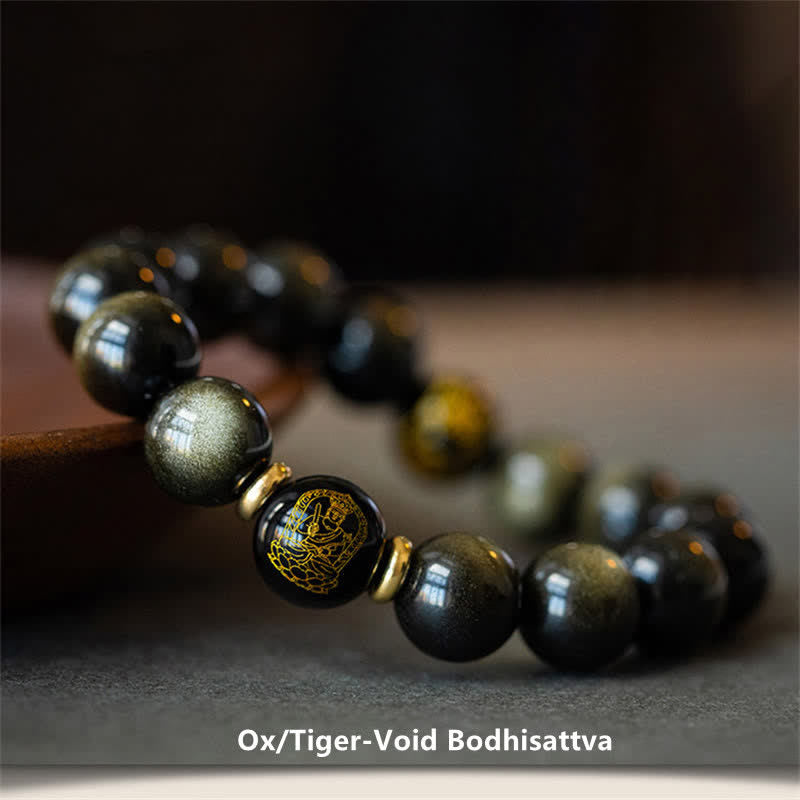 Bracelet de protection du zodiaque chinois en obsidienne dorée brillante 12 mm