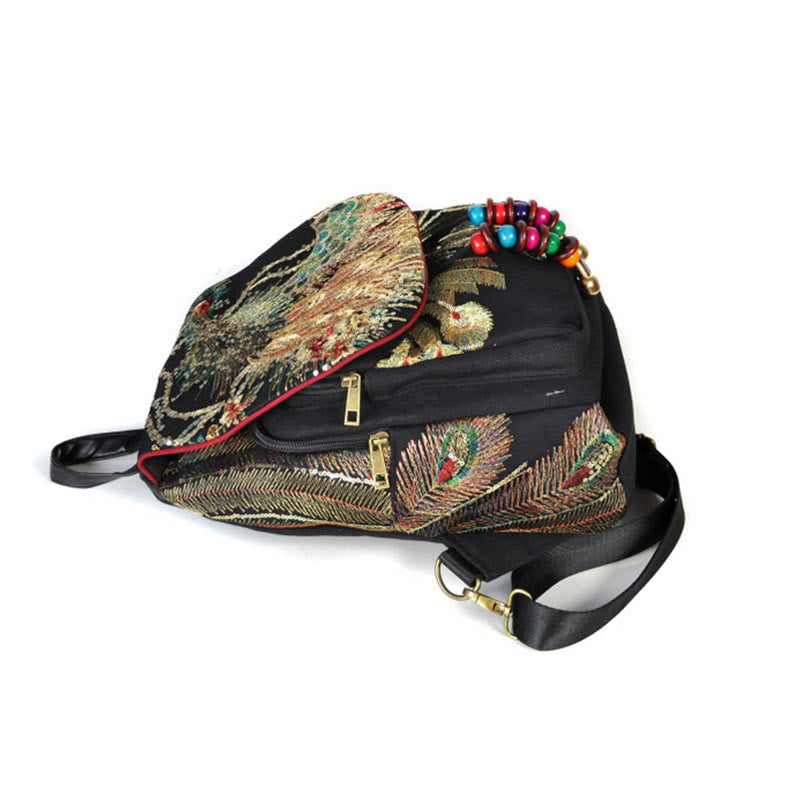 Peacock Embroidery Canvas Tassel Backpack for Spiritual Use