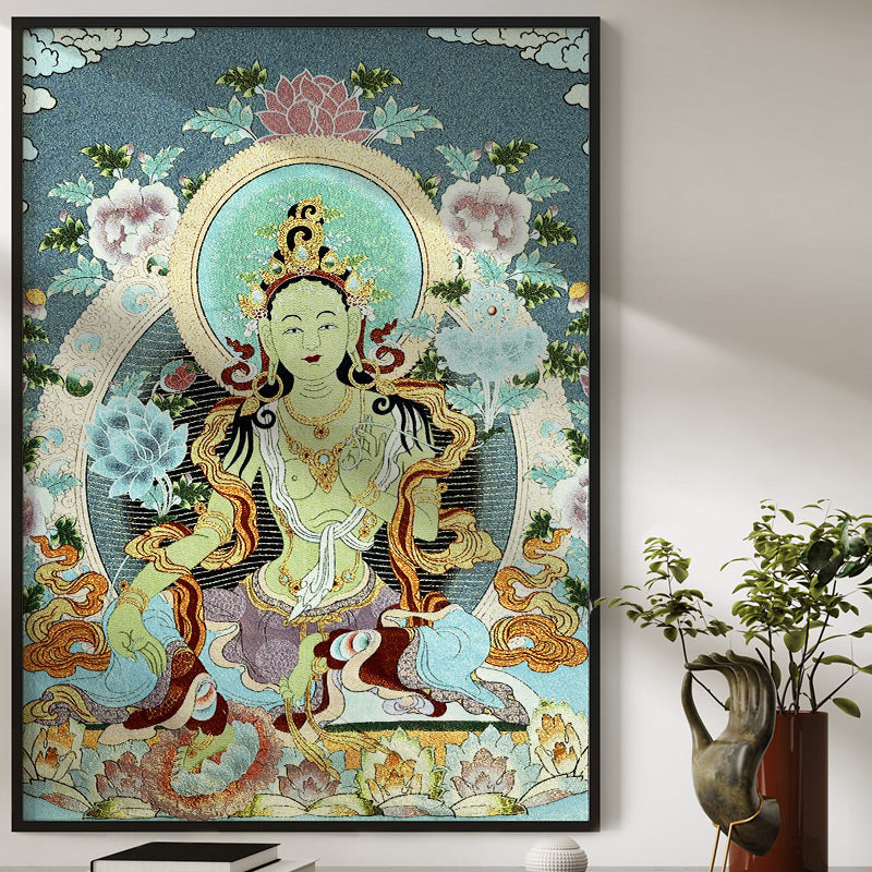 24x36 Inch Tibetan Embroidery White Tara Thangka Tapestry