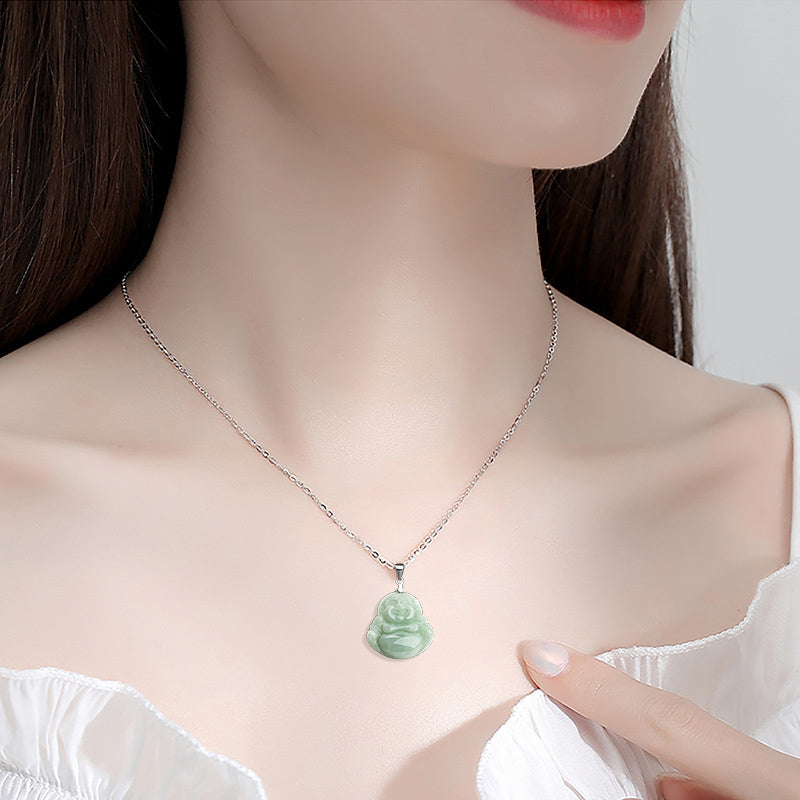 925 Sterling Silver Jade Laughing Buddha Necklace for Prosperity