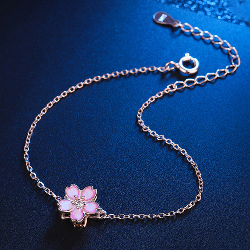 925 Sterling Silver Cherry Blossom Blessing Chain Bracelet with Rotatable Ring