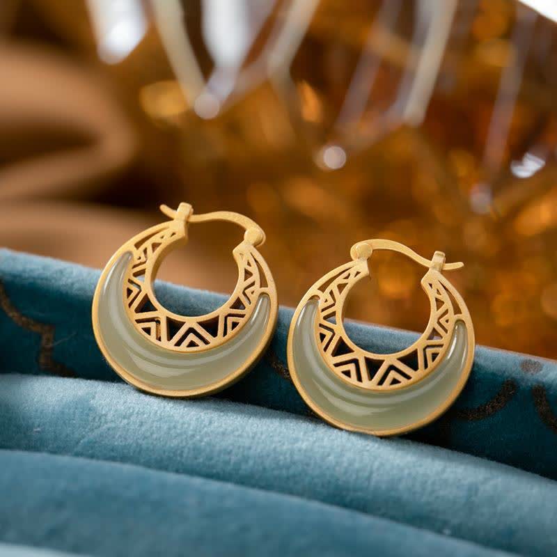 Crescent Moon Jade Prosperity Drop Earrings 23x21mm