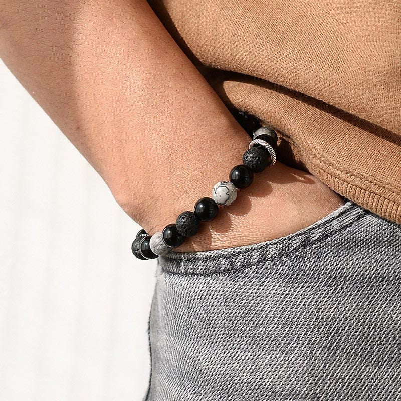 Vintage Lava Rock Black Obsidian Picasso Jasper Bracelet for Grounding