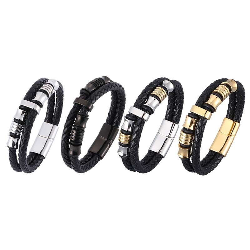 Layered Leather and Titanium Steel Spiritual Bracelet for Balance