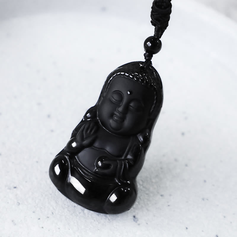 Natural Black Obsidian Buddha Necklace | Strength & Protection