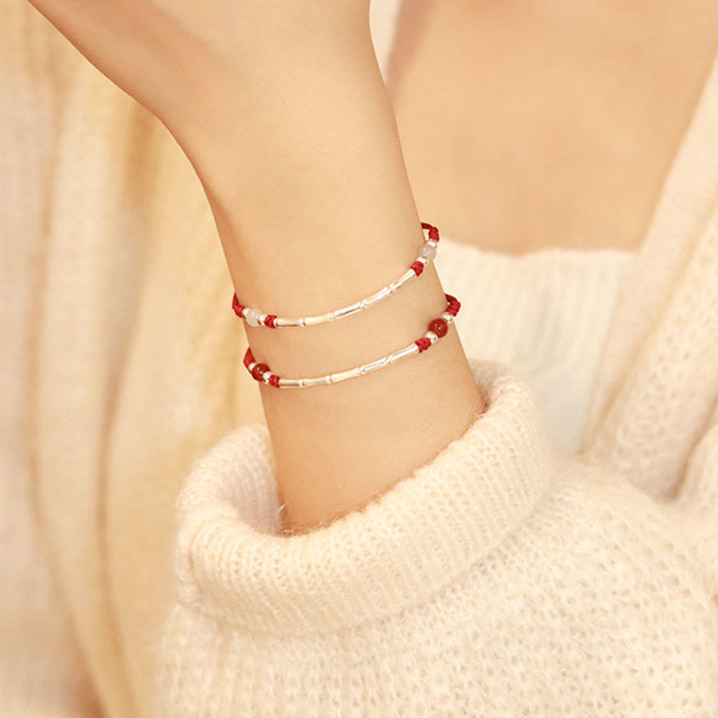 Unisex Sterling Silver Bamboo Red String Agate Protection Bracelet