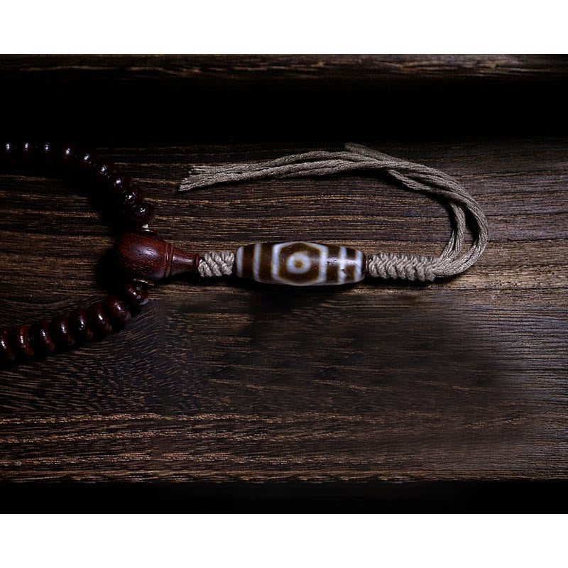 9mm Purple Bodhi Seed Mala Bracelet with Three-eyed Dzi Beads for Harmony