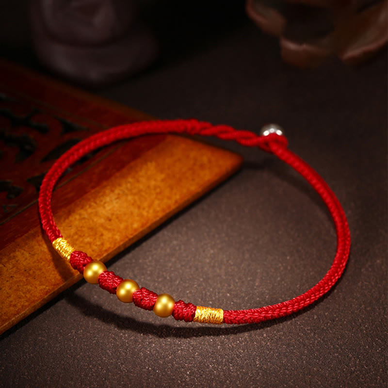 Handmade Red String Bracelet with 999 Gold Beads and King Kong Knot for Protection