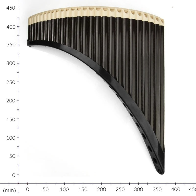 Pan flute with black graduated pipes and light tops, perfect for beginners in C key
