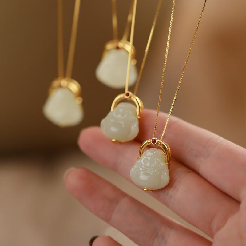 Collier Bouddha rieur en jade Hetian pour l'abondance, argent 925