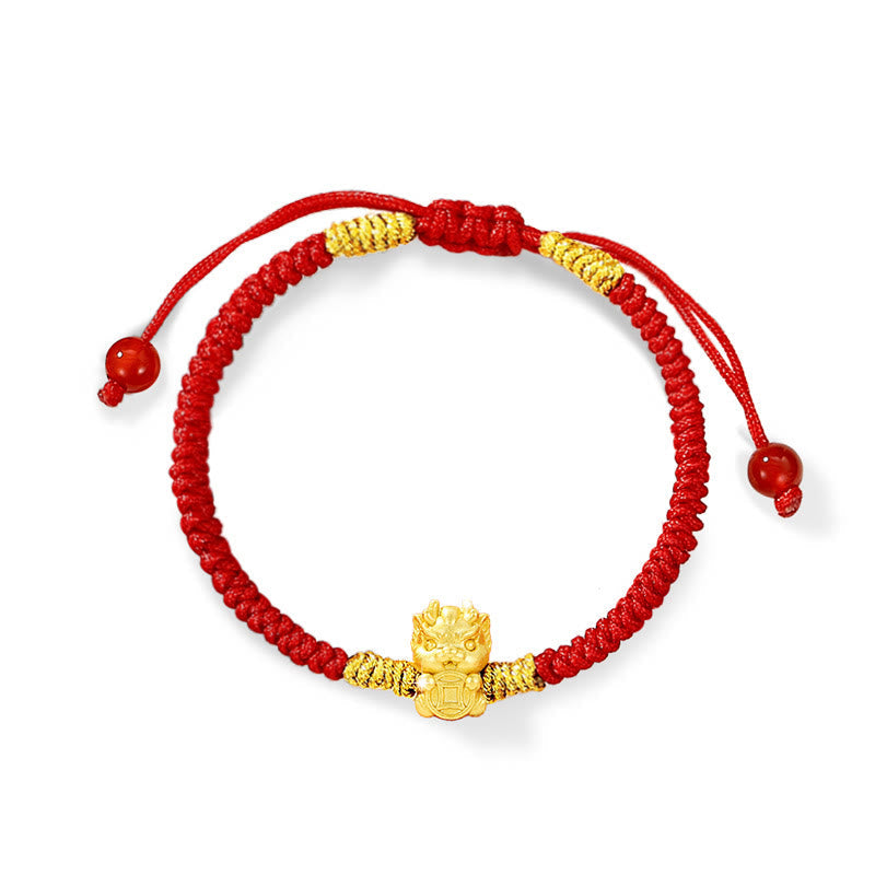 999 Sterling Silver Dragon Bracelet with Red String for Luck & Protection