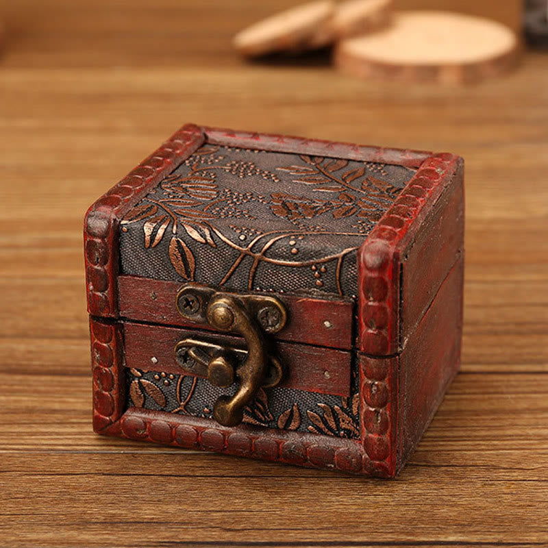 Retro Small Square Wood Jewelry Box with Lotus Design