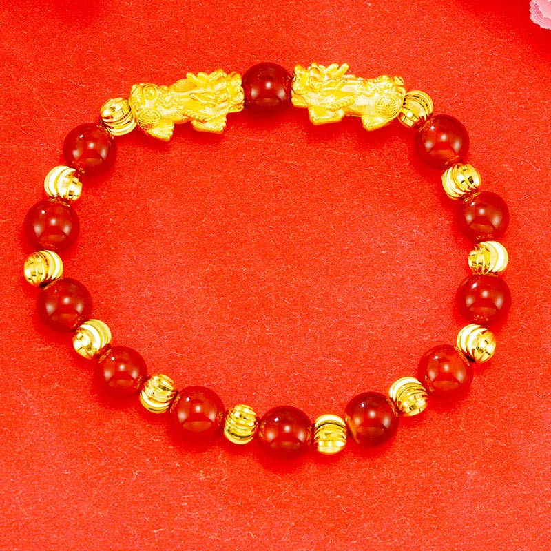 Double Pixiu 6mm Agate & Jade Wealth Bracelet Unisex