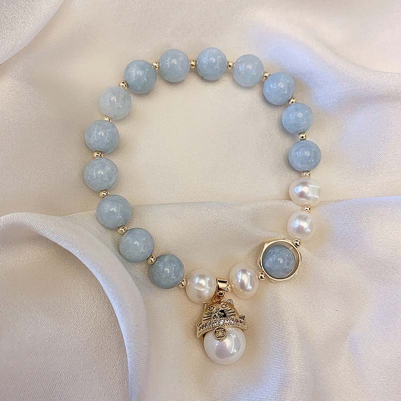 8mm Aquamarine Pearl Peace Healing Charm Bracelet