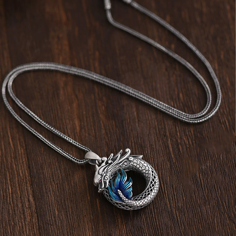 999 Sterling Silver Dragon Necklace with Peace Buckle for Auspicious Success