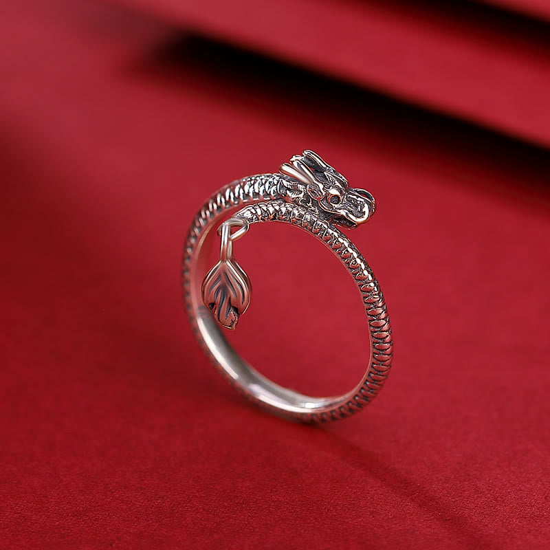 Bague ajustable en argent sterling 925 avec protection contre la chance et le dragon