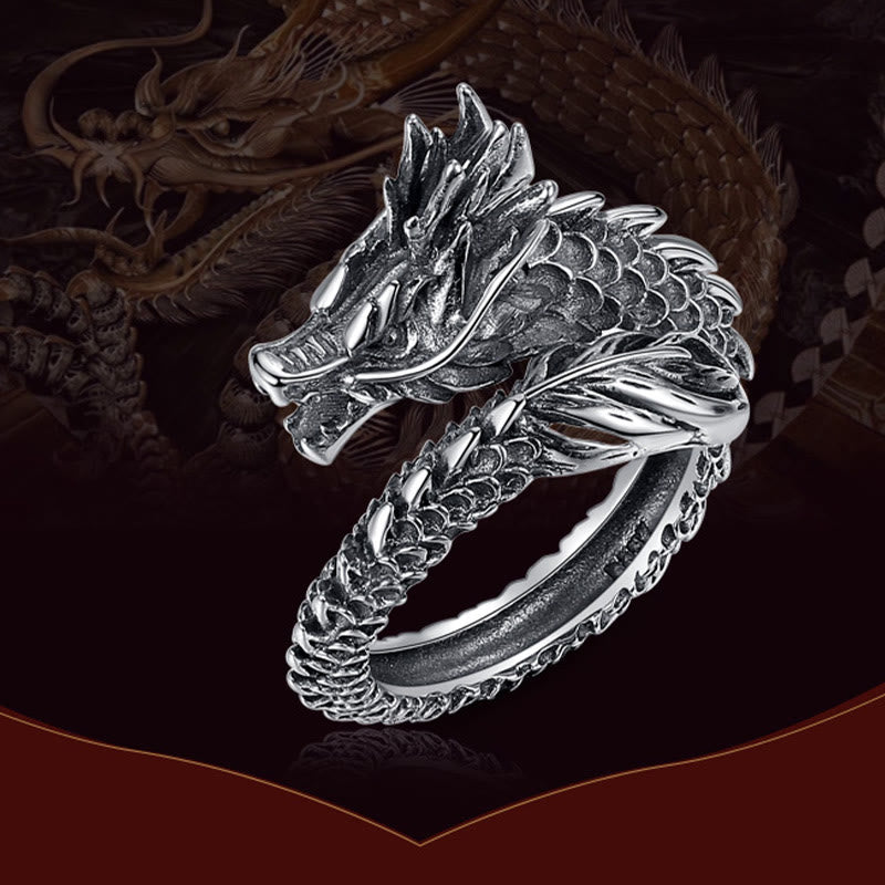 Bague réglable en argent sterling 925 avec protection contre le succès du dragon