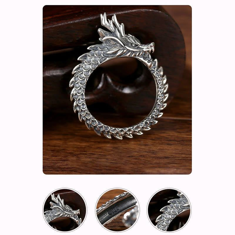 Bague réglable en argent sterling 925 avec protection contre le succès du dragon