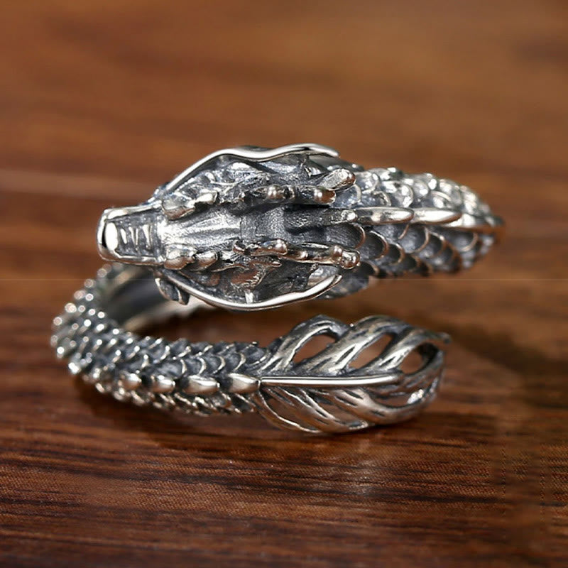 Bague réglable en argent sterling 925 avec protection contre le succès du dragon