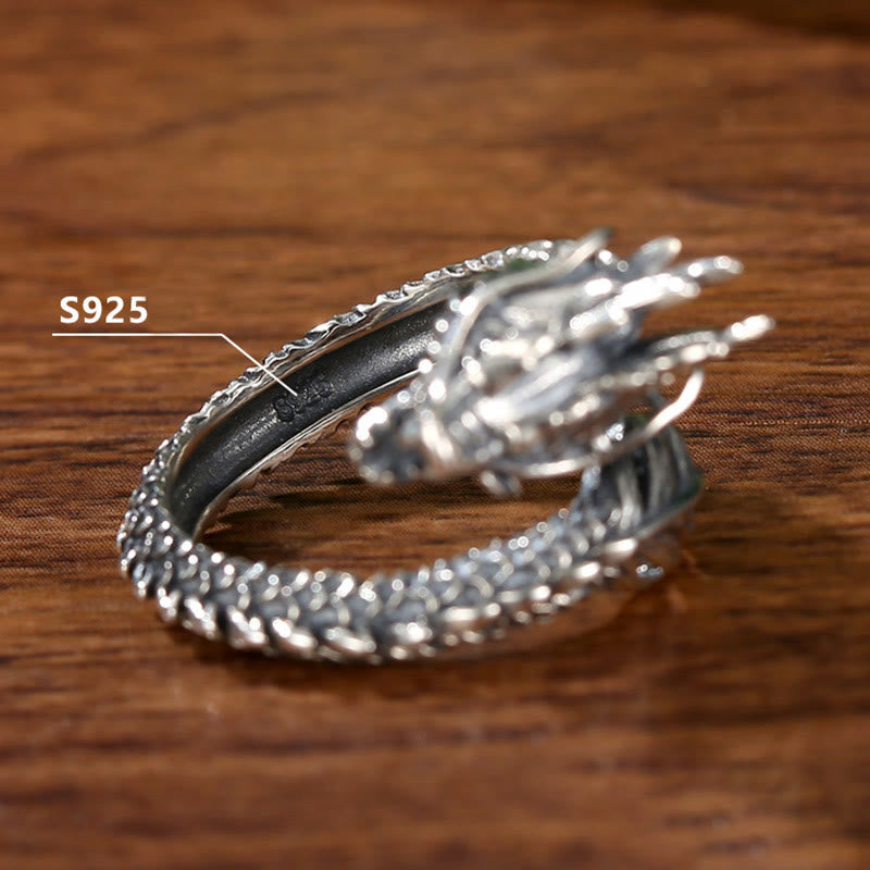 Bague réglable en argent sterling 925 avec protection contre le succès du dragon